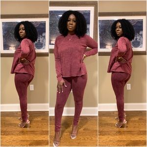 Burgundy Mineral Washed Long sleeve Pants Set